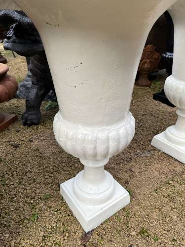 Pair of Rusty white cast iron campagna urns - cast iron planters