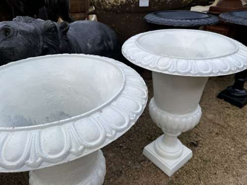 Pair of Rusty white cast iron campagna urns - cast iron planters