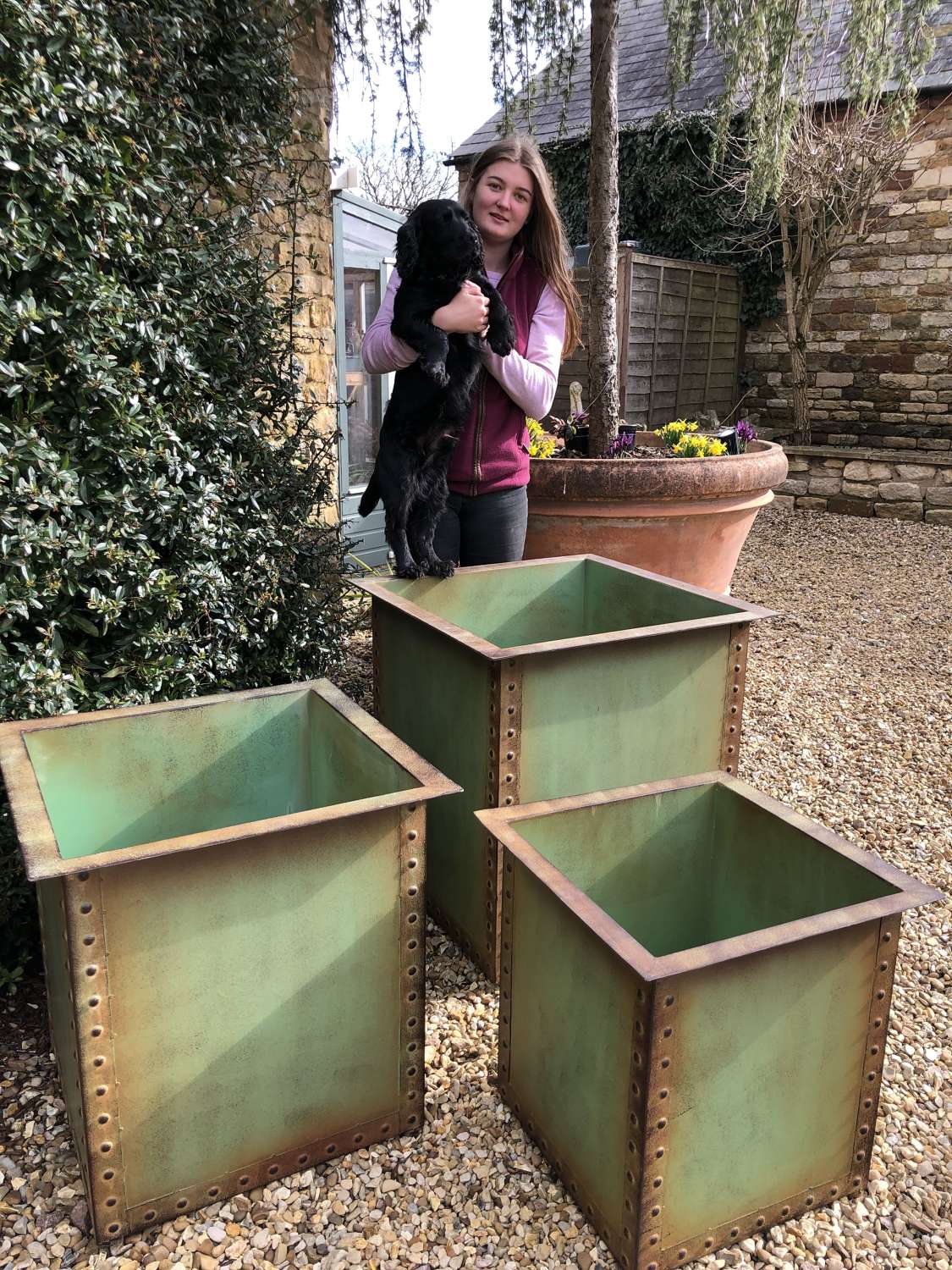 Set of Three Square Iron Riveted Planters - Iron Tubs x 3 Copper Green