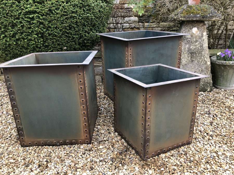 Set of Three Square Iron Riveted Planters - Iron Tubs x 3 Copper Blue