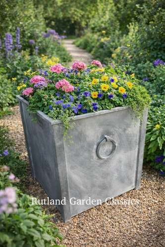 Galvanised Metal planter with ring handles 56 cm sq