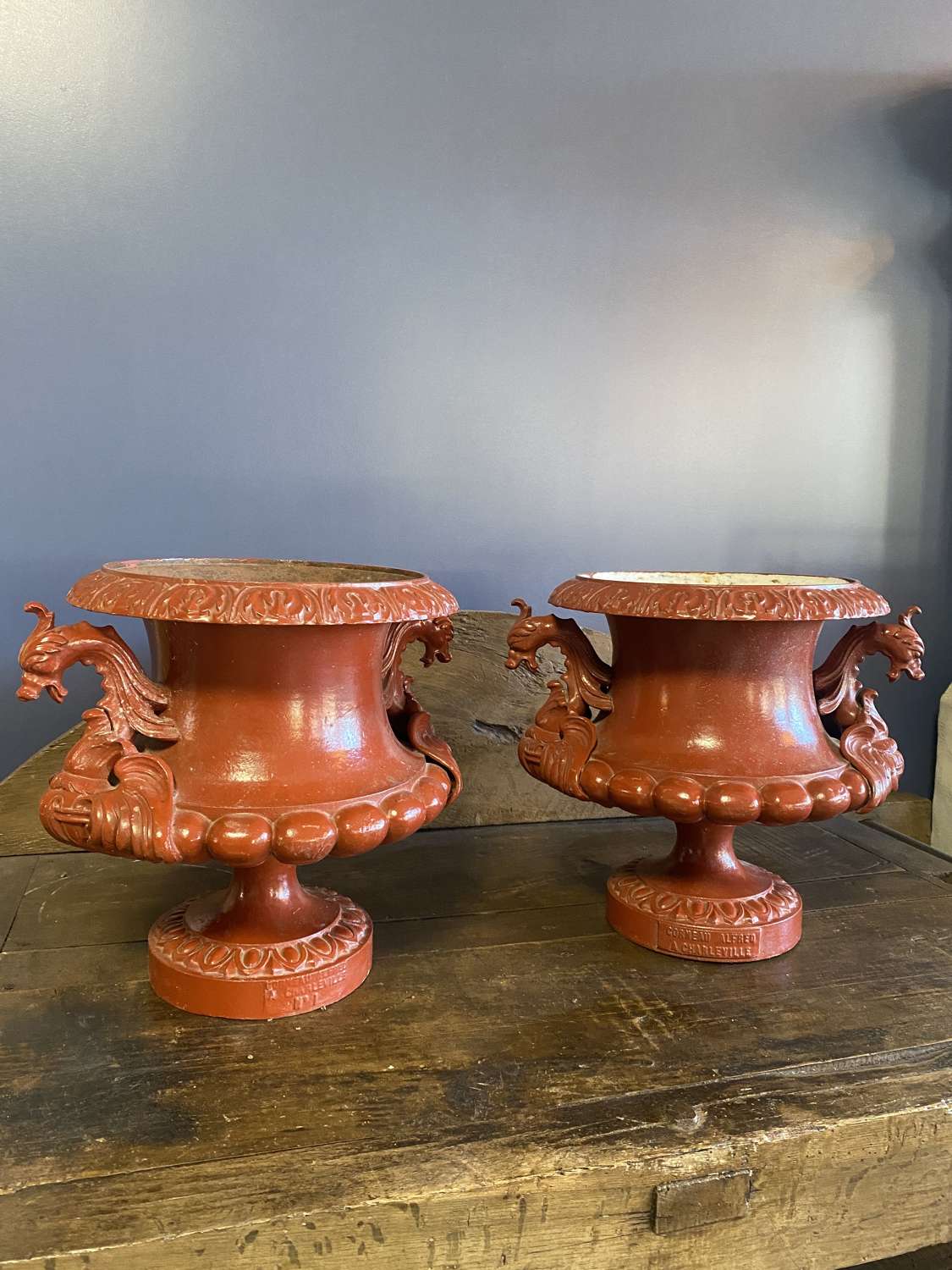 Pair of Cast Iron Urns Signed By Alfred Corneau