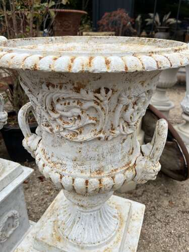 Pair of Cast iron Campagna Urns & Plinths