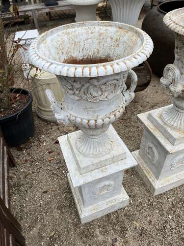 Pair of Cast iron Campagna Urns & Plinths