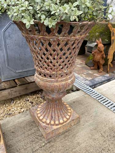 Pair of Lattice Cast Iron Urns