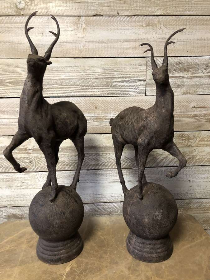Cast iron Stags on Spheres - cast iron stag statues (pair)