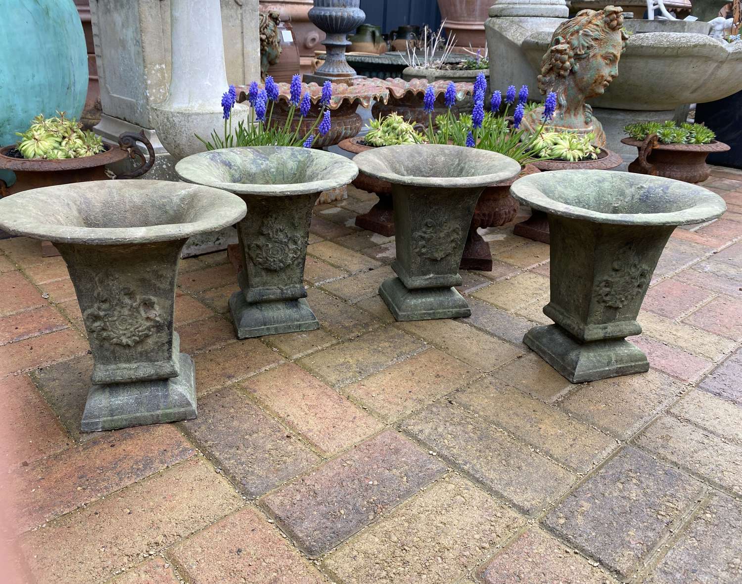 Set of 4 Small Green/Lead Colour Cast Iron Urns