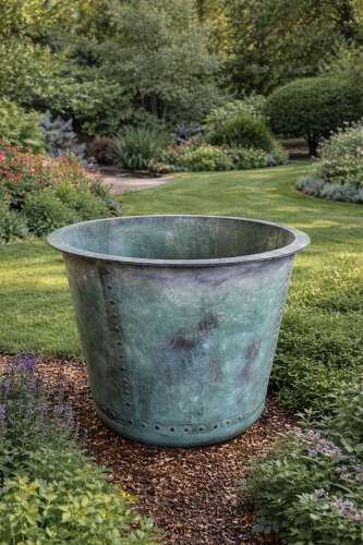 Large Copper Effect Iron planter - Verdi Green Riveted Planter