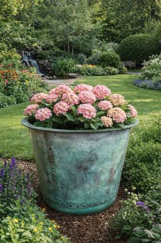 Large Copper Effect Iron planter - Verdi Green Riveted Planter