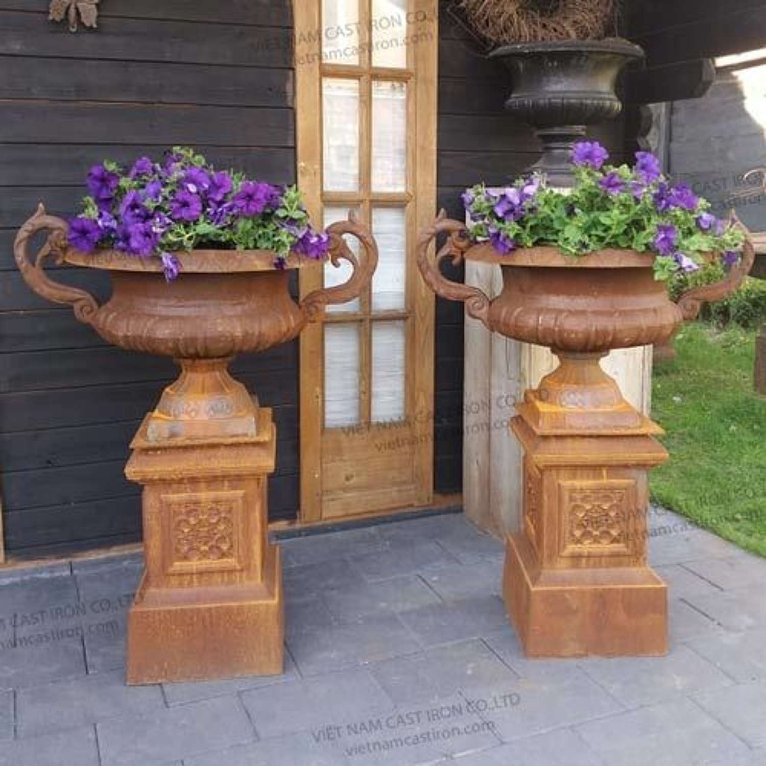 Pair of Cast Iron Urns and plinths - cast iron planters