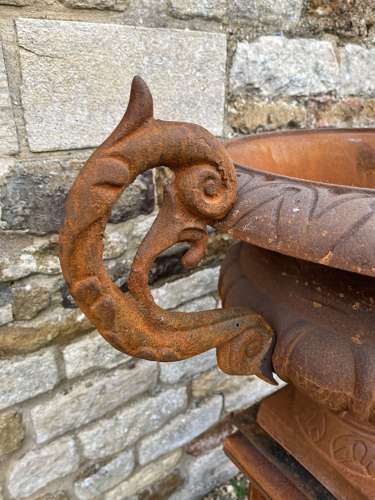 Pair of Cast Iron Urns and plinths - cast iron planters