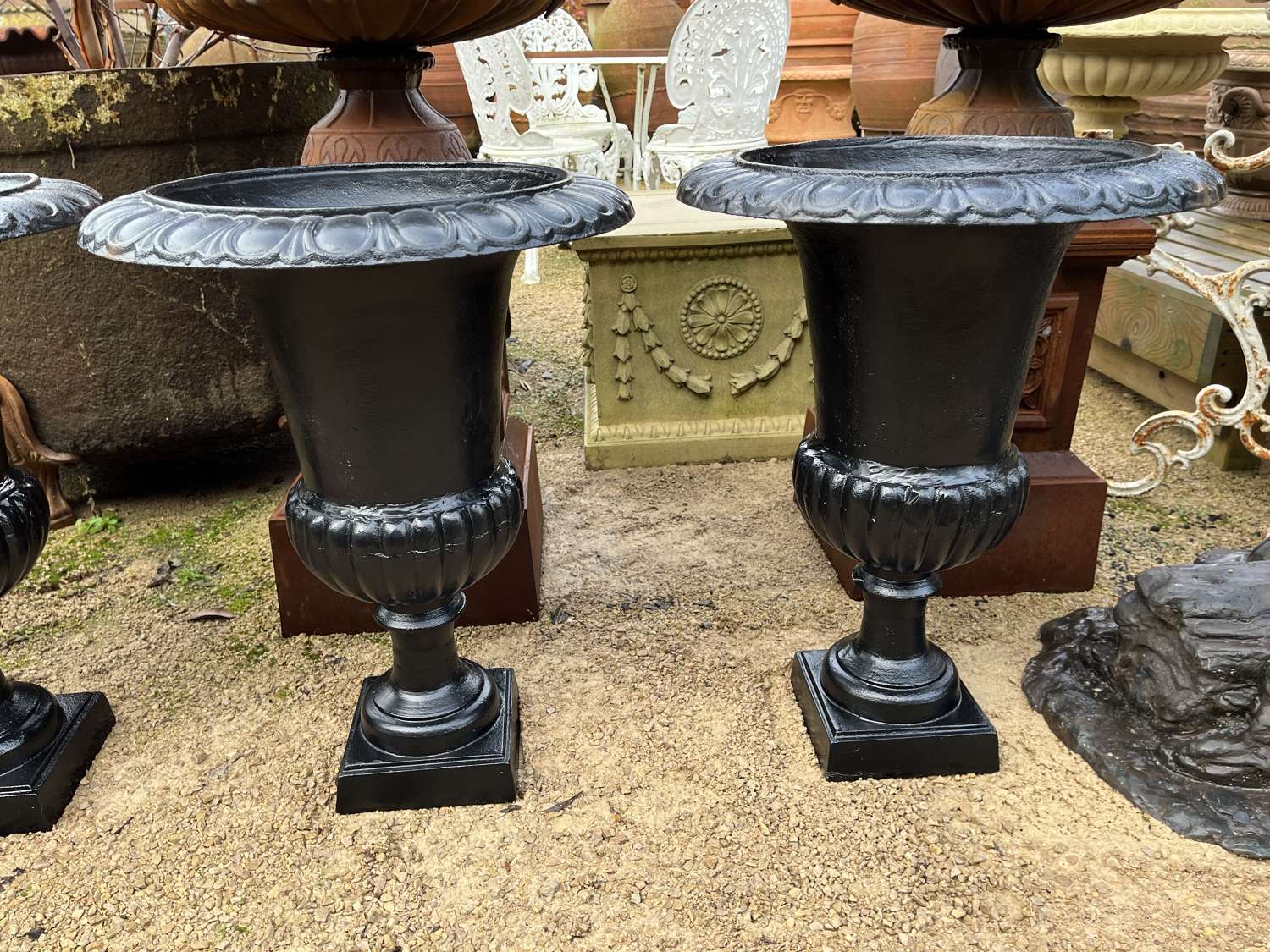 Pair of Black Cast Iron Campagna urns 63 cm