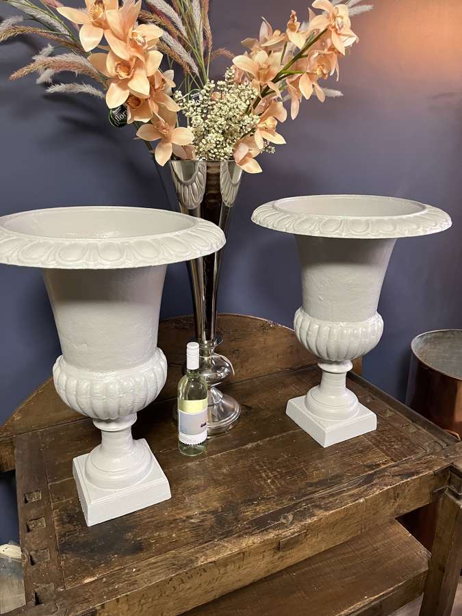 PAIR OF CAST IRON CAMPAGNA URNS IN RAL 7038 PAINSWICK GREEN
