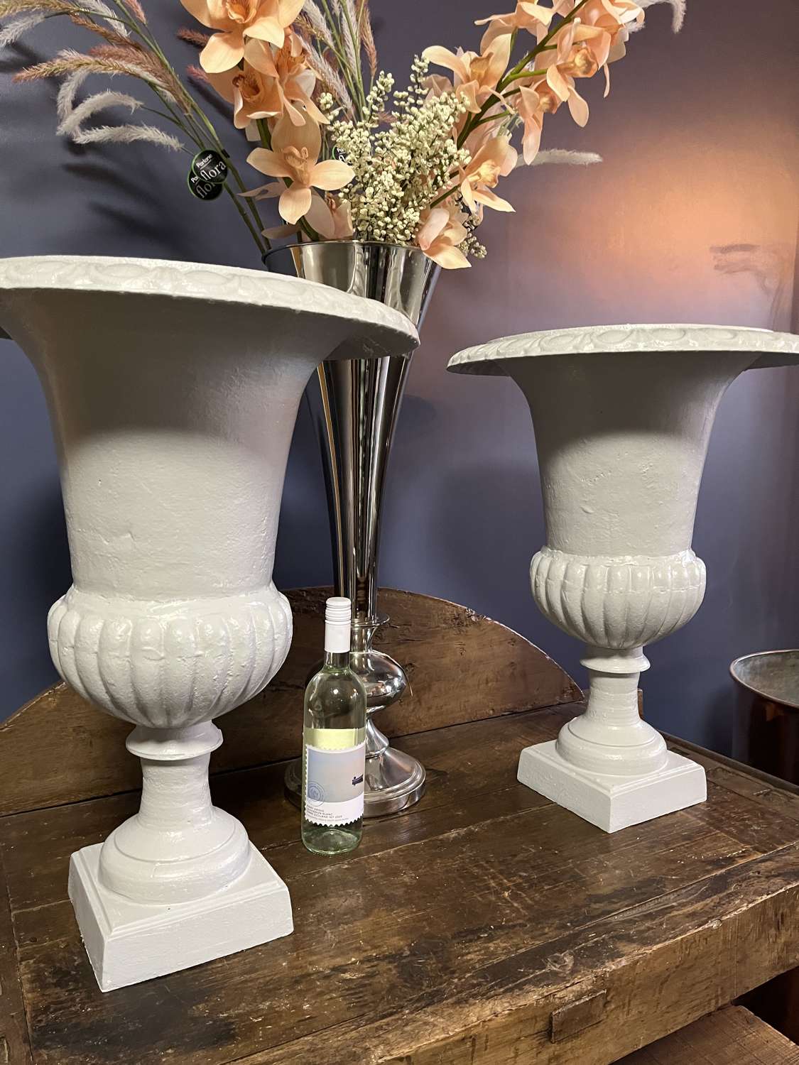 PAIR OF CAST IRON CAMPAGNA URNS IN RAL 7038 PAINSWICK GREEN