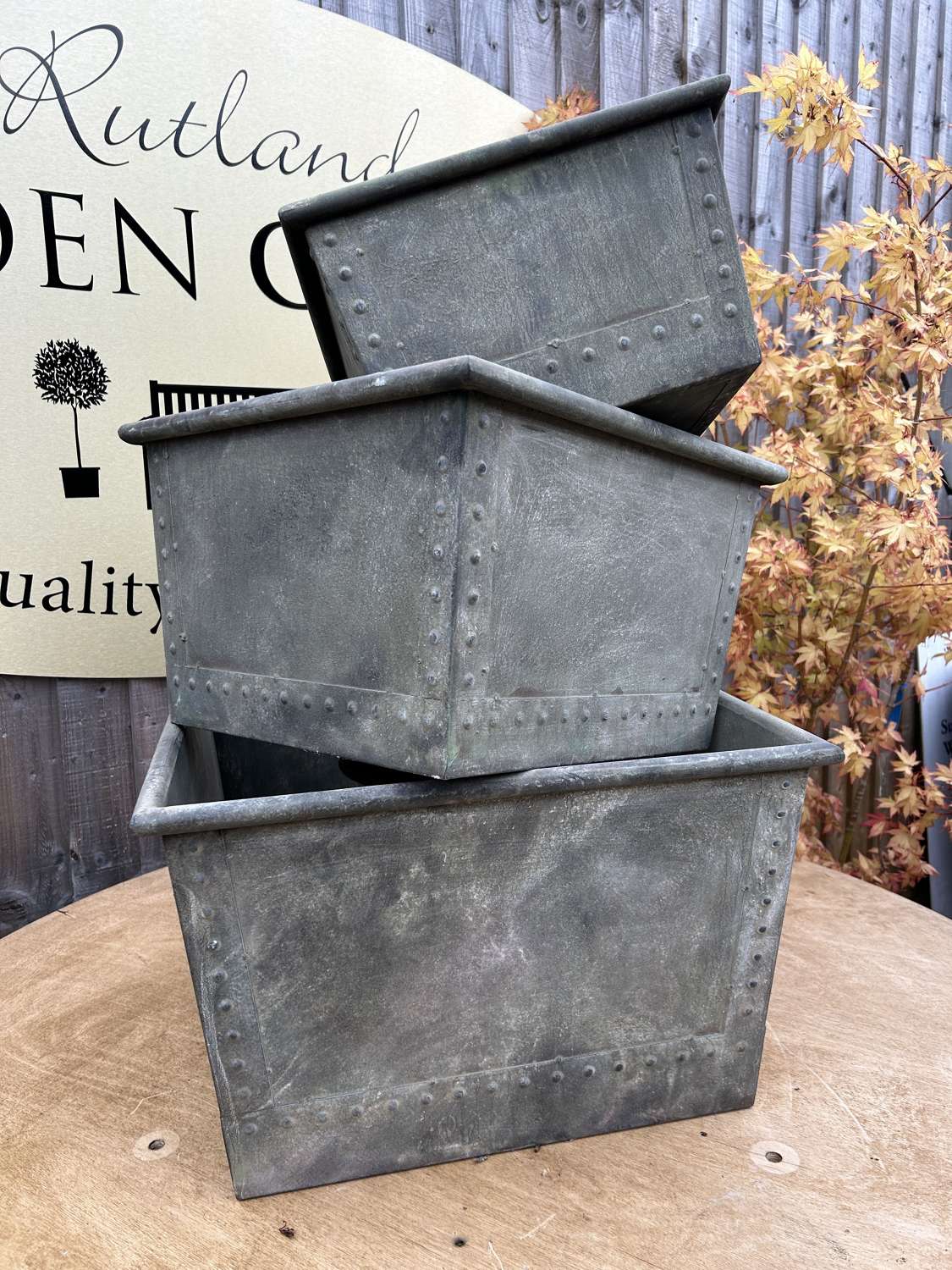 Set of 3 Low Square Galvanised Planters - Green Galv