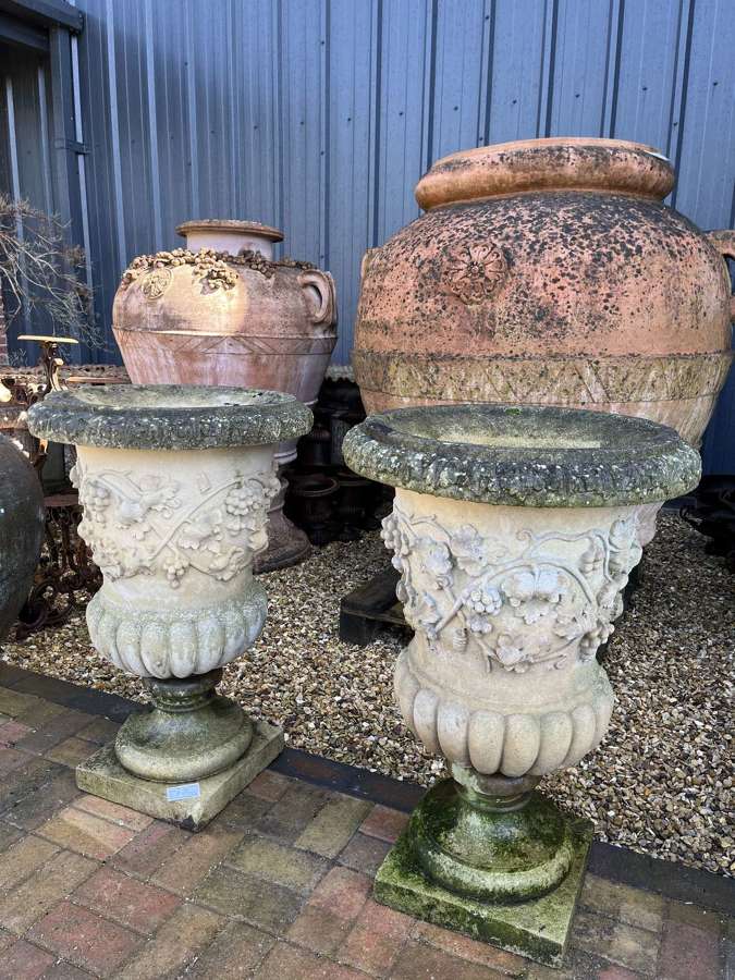 Pair of Haddonstone Florentine urns - stone planters