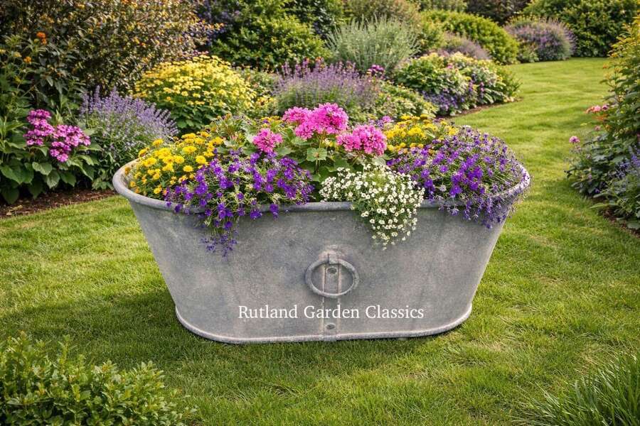 Large galvanised bath - zinc planter