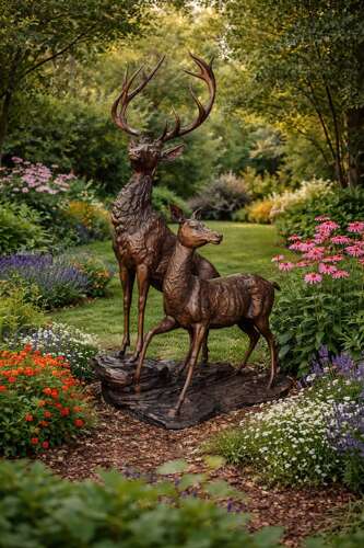 Stag & Doe bronze statue - Garden Deer