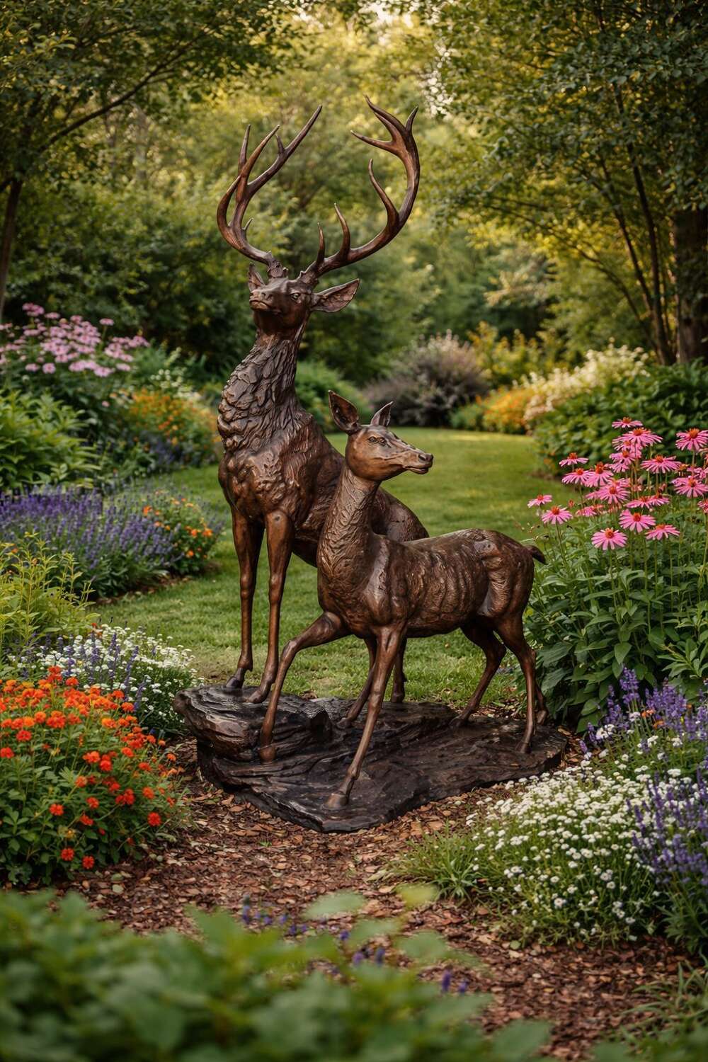 Stag & Doe bronze statue - Garden Deer