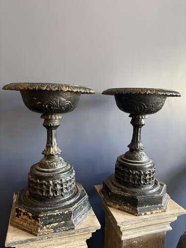 Antique pair of black cast iron urns