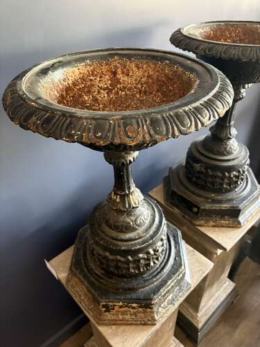 Antique pair of black cast iron urns