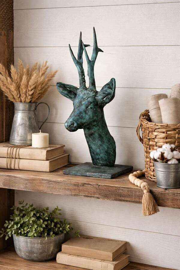 Bronze deer head - Roe deer sculpture in verdigris
