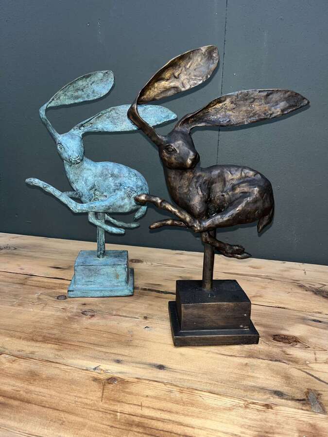 Big eared bronze Hare sculpture - bronze hares