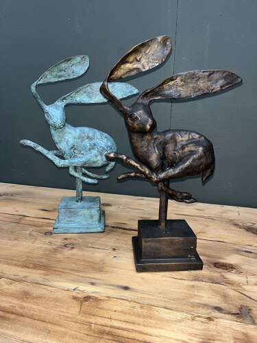 Big eared bronze Hare sculpture - bronze hares