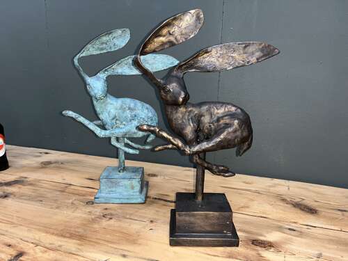 Big eared bronze Hare sculpture - bronze hares