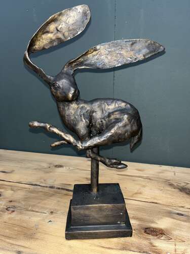 Big eared bronze Hare sculpture - bronze hares