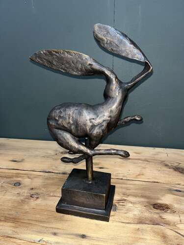 Big eared bronze Hare sculpture - bronze hares