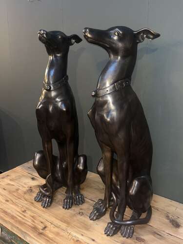Pair of bronze sitting Whippets - bronze dogs