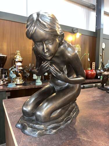 Bronze sculpture of a female with water jug - bronze water feature