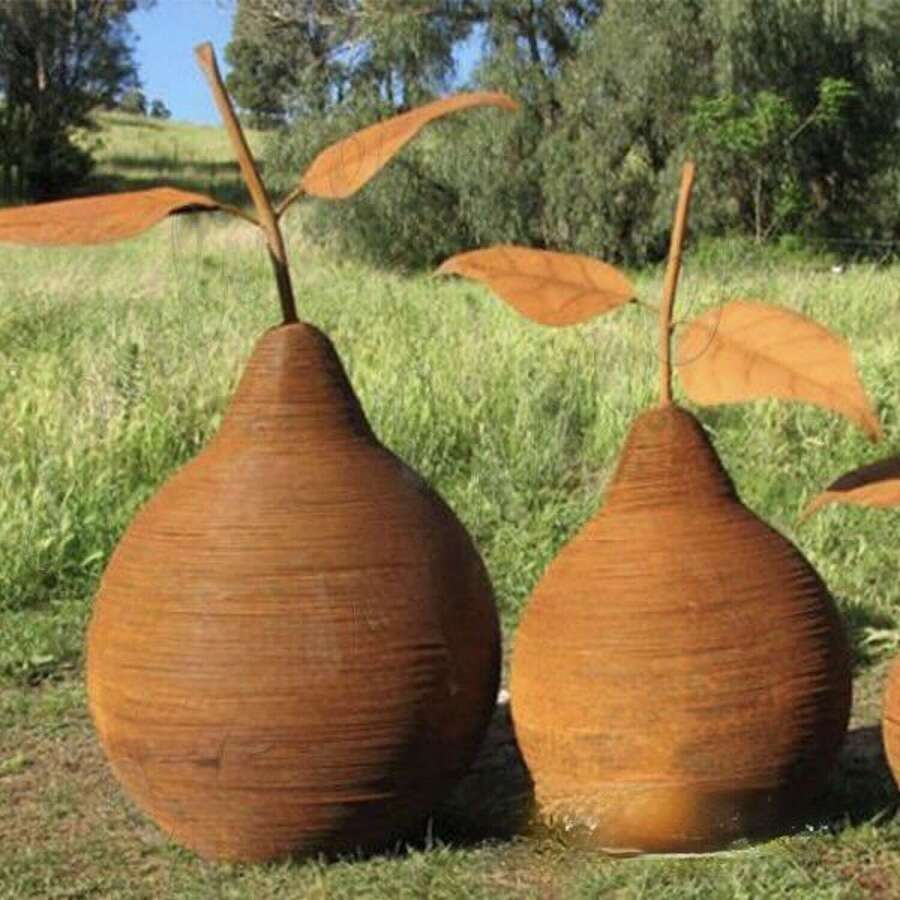 Rusty corten steel sculptures - two rusty pear sculptures