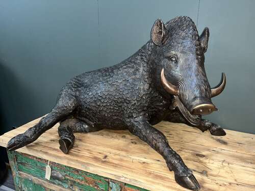Bronze Boar sculpture - bronze laying boar