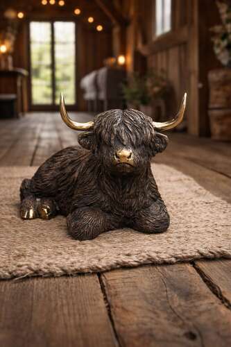 Laying Highland cow in bronze - bronze animal ornament
