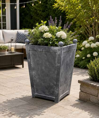 Galvanised square tapered planter with ball finials - galvanised garden planter