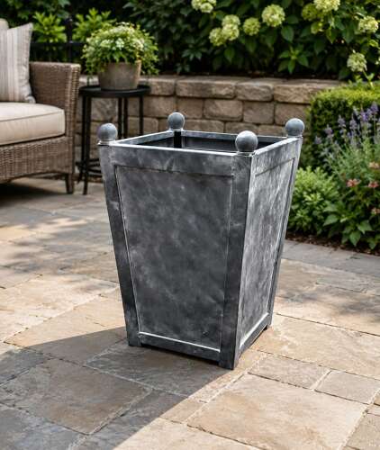 Galvanised square tapered planter with ball finials - galvanised garden planter