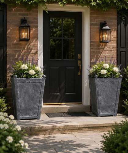 Galvanised square tapered planter with ball finials - galvanised garden planter