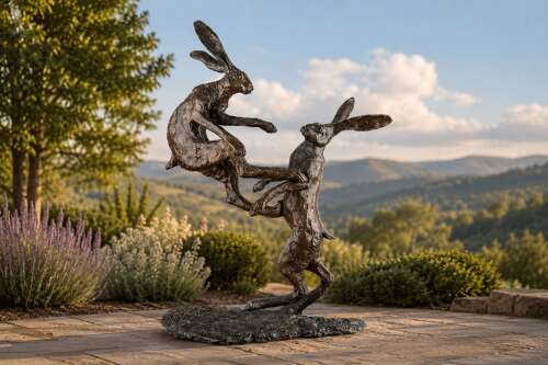 Bronze boxing hares - bronze sculpture