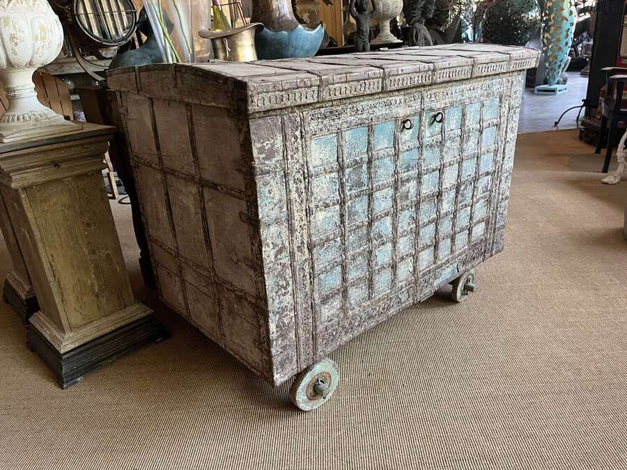 Antique Indian dowry chest on wheels