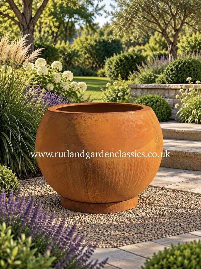 Corten steel Globe planters - rusty corten steel round planters