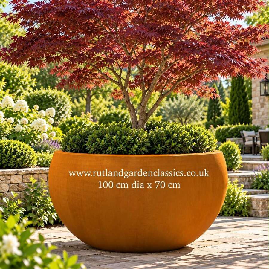 Large Corten steel globe planter - rusty round planters