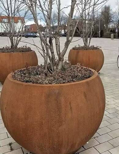 Large Corten steel globe planter - rusty round planters