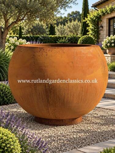 Large Corten steel globe planter - rusty round planters