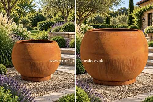 Large Corten steel globe planter - rusty round planters